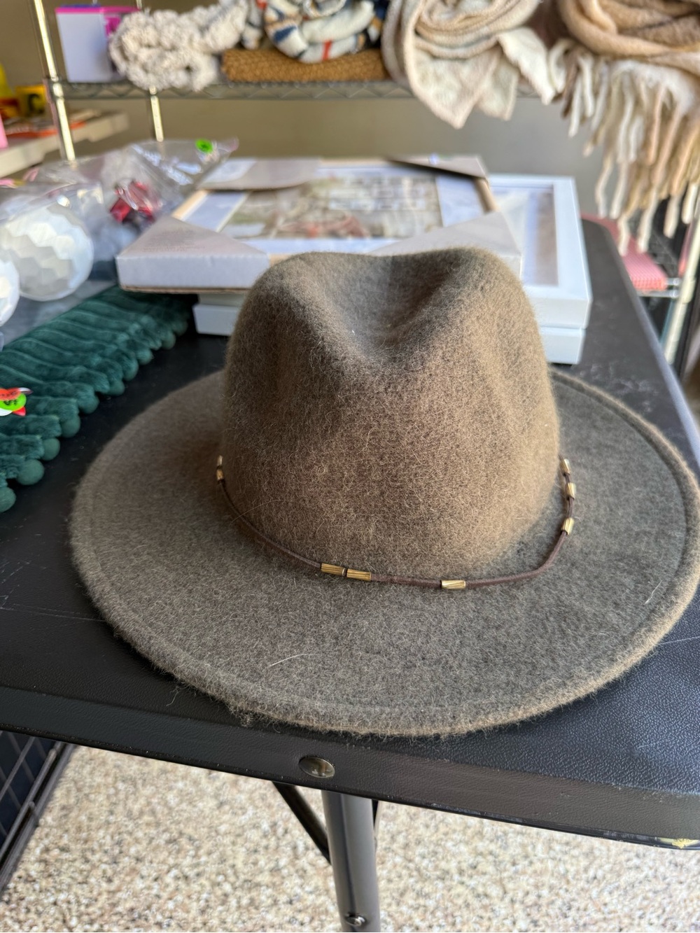 Brown Women's Wool Felt Fedora Hat with Beaded Band